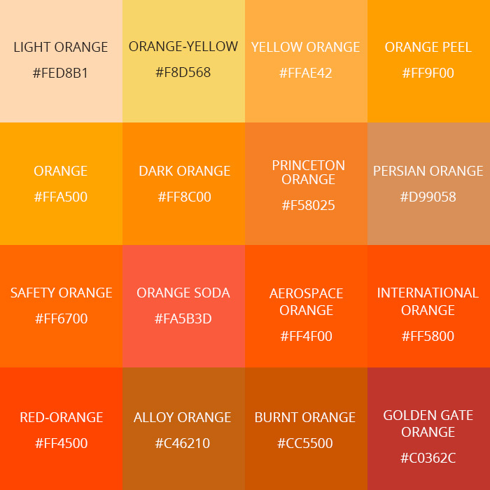 99 Shades of Orange Color with Names, HEX, RGB, & CMYK