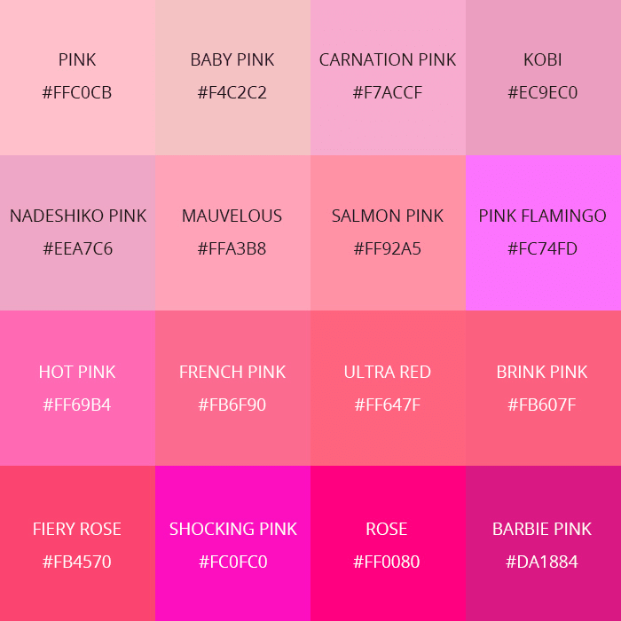 99 Shades of Pink Color With Names, HEX ...