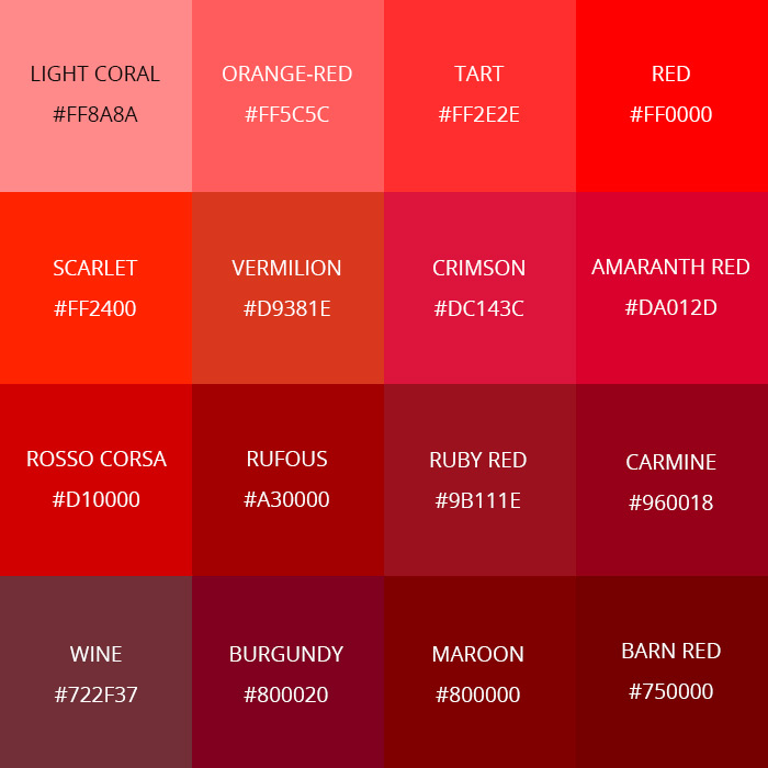 99 Shades of Red Color Names, HEX, RGB, & CMYK • Colors Explained