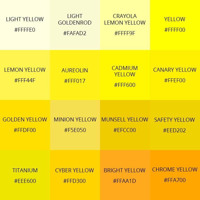 Shades Of Yellow Color Names HEX RGB CMYK Codes OFF | designinte.com