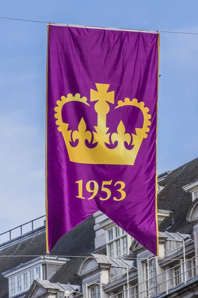 Purple flag celebrating 60 Anniversary of Coronation of Queen Elizabeth II in London