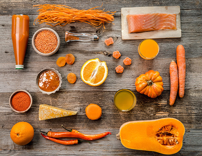 Orange ingredients, fruits, vegetables