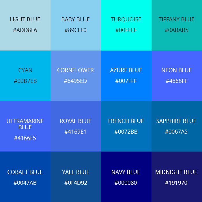 Blue Color Chart With Names