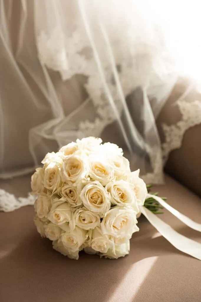 A wedding bouquet of ivory roses