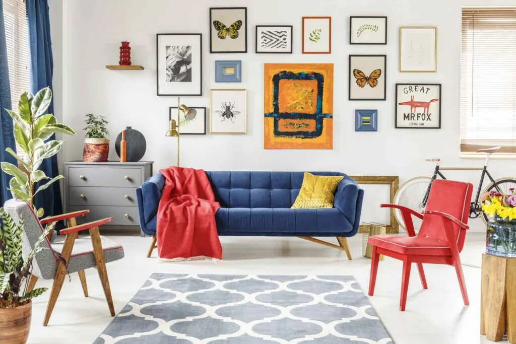 Blue, red, and yellow living room