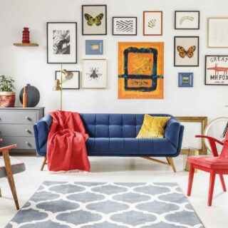 Blue, red, and yellow living room