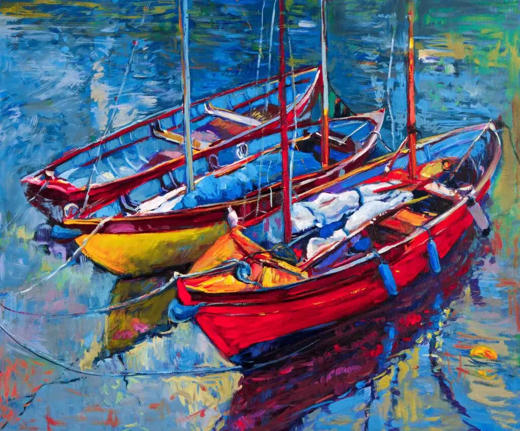 Blue, yellow, and red painting of boats