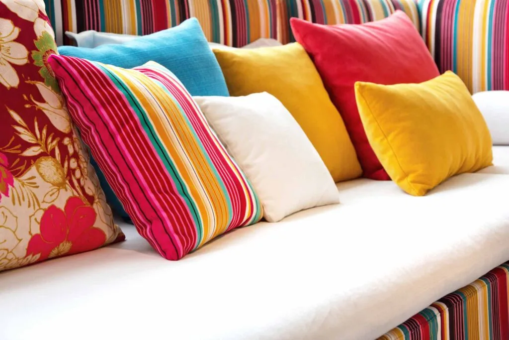 Red, yellow, and blue pillows