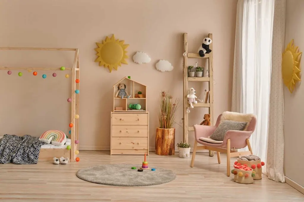Children bedroom wall painted in tan, beige, a relaxing color