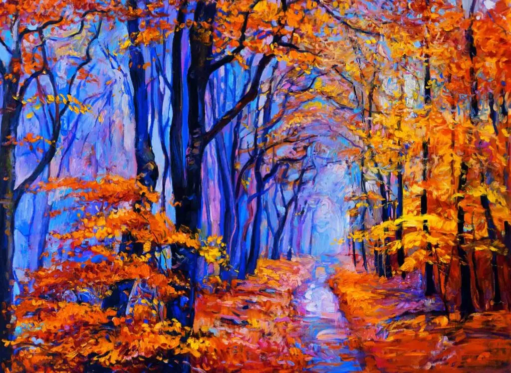 Orange fall foliage blue forest painting