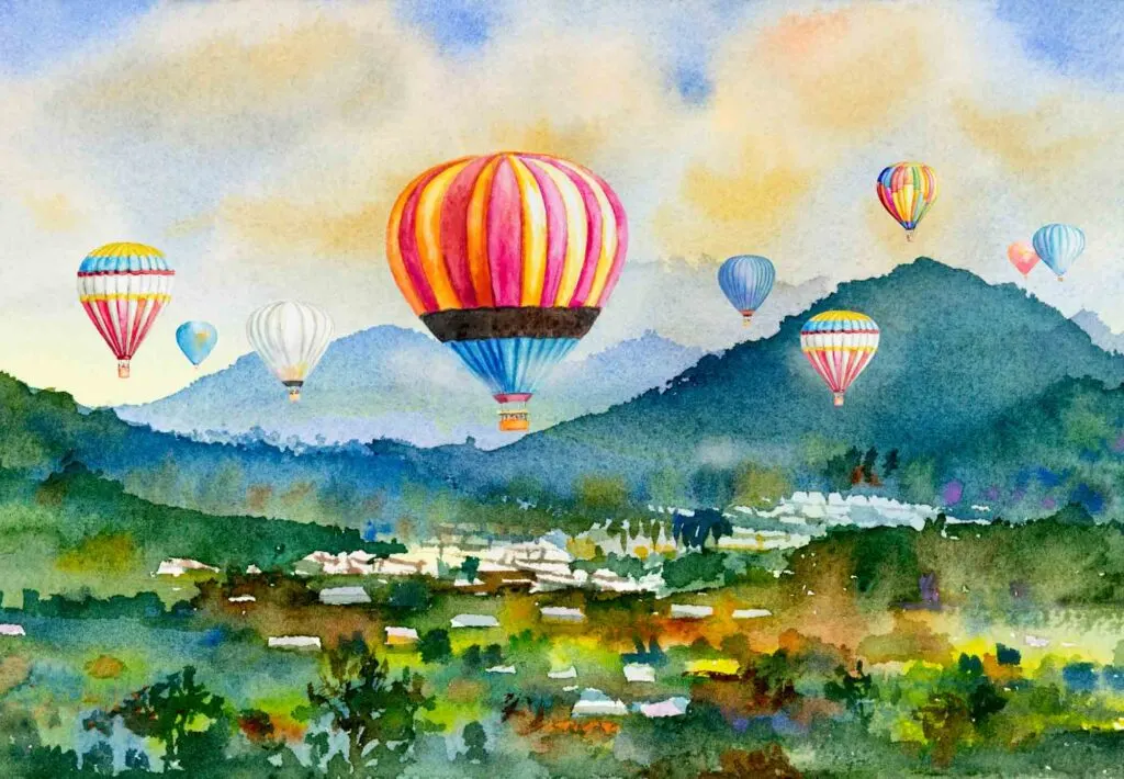 Watercolor painting of hot air balloons