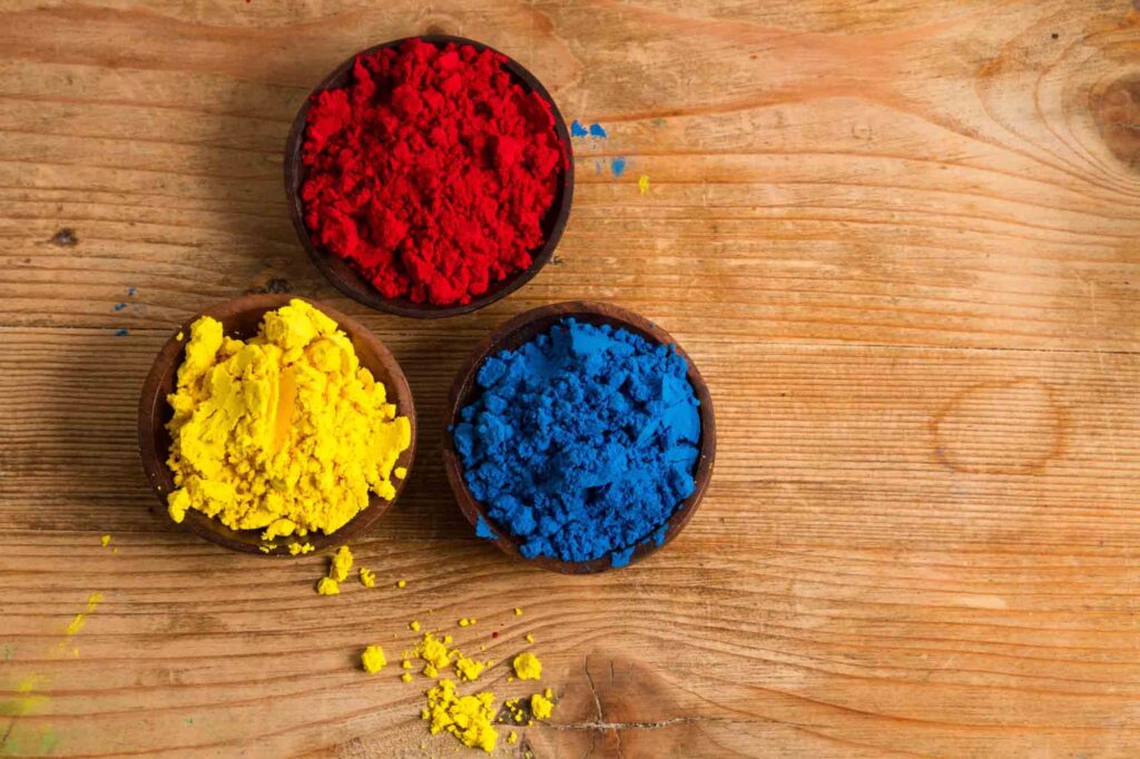 Red, yellow, and blue primary colors in powder