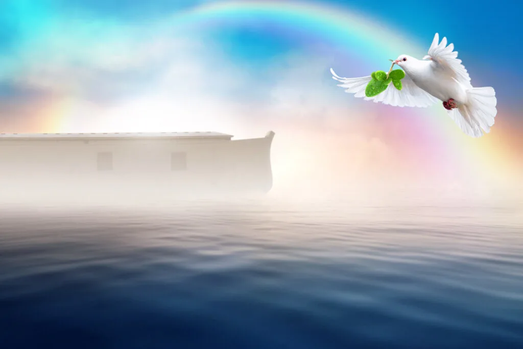White dove flying with olive branch in its beak and a rainbow in the sky as per Noah's ark story on the Bible