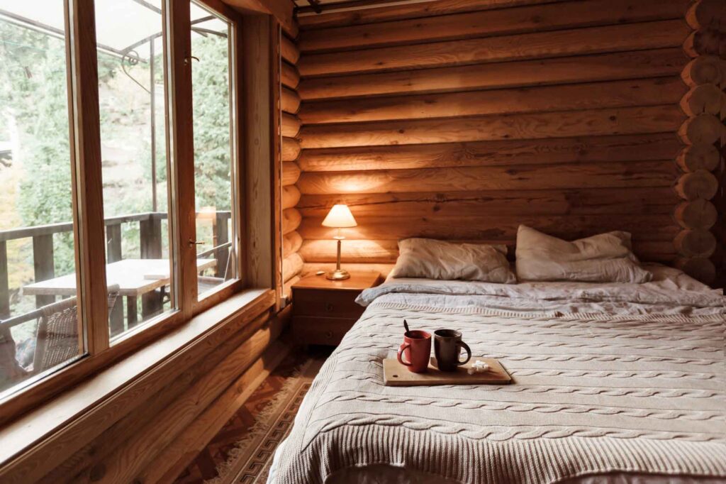 Brown, tan, rustic bedroom