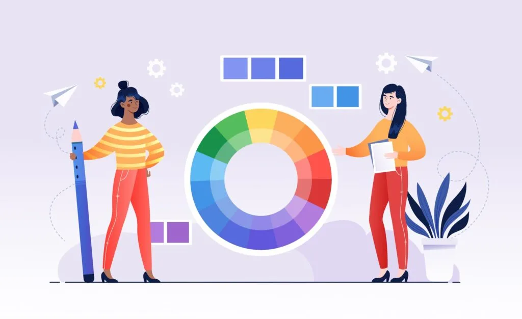 Illustration of Two female characters working on a color wheel