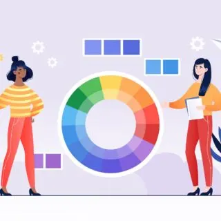 Illustration of Two female characters working on a color wheel