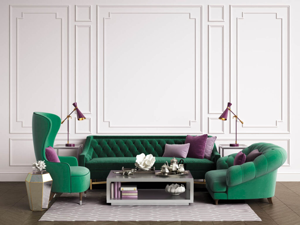elegant forest green and purple living room