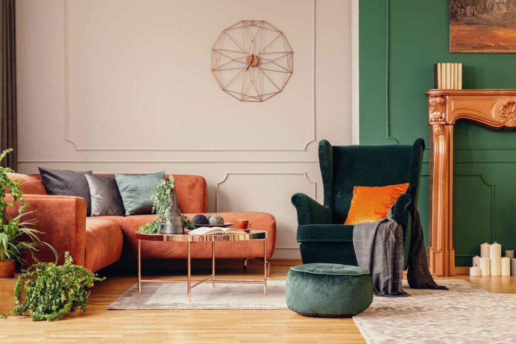 Stylish green and copper living room