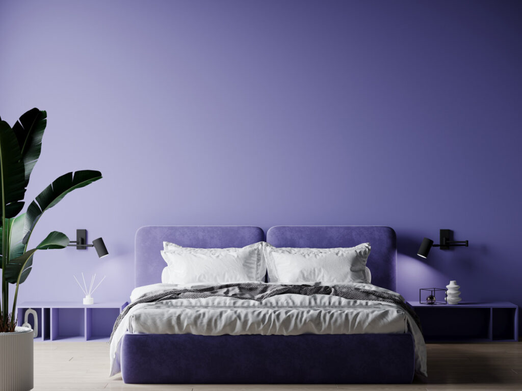minimalistic silver and purple bedroom