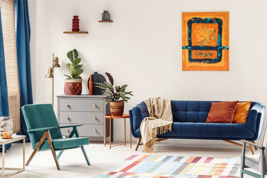 Royal blue and orange living room