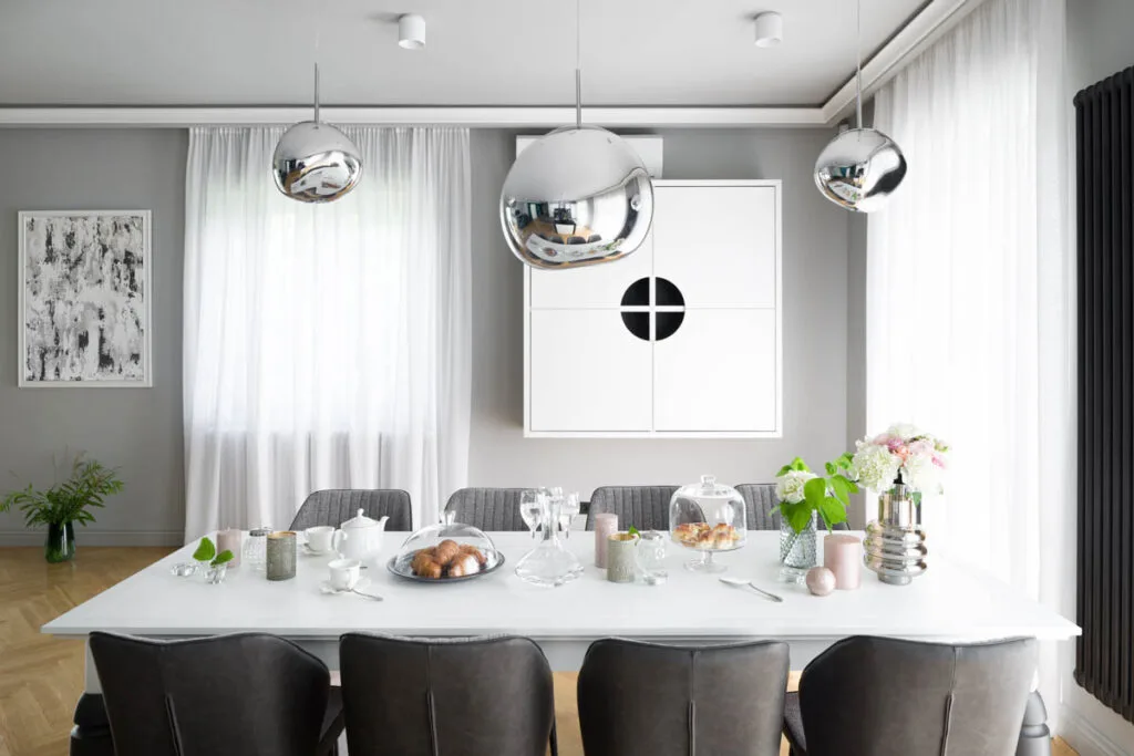 Modern white and silver dining room