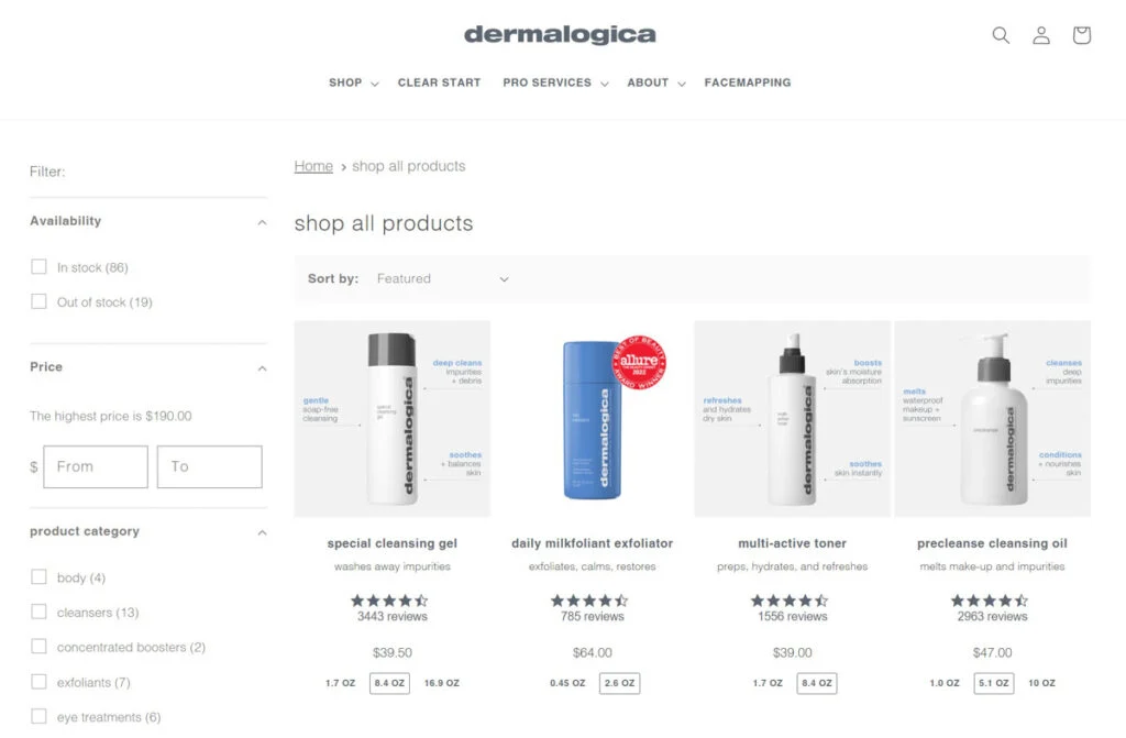 Dermalogica site in unisex colors, including white, gray, and blue