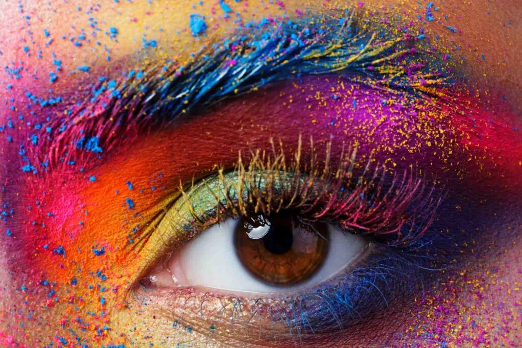 Close up view of female eye with bright multicolored makeup