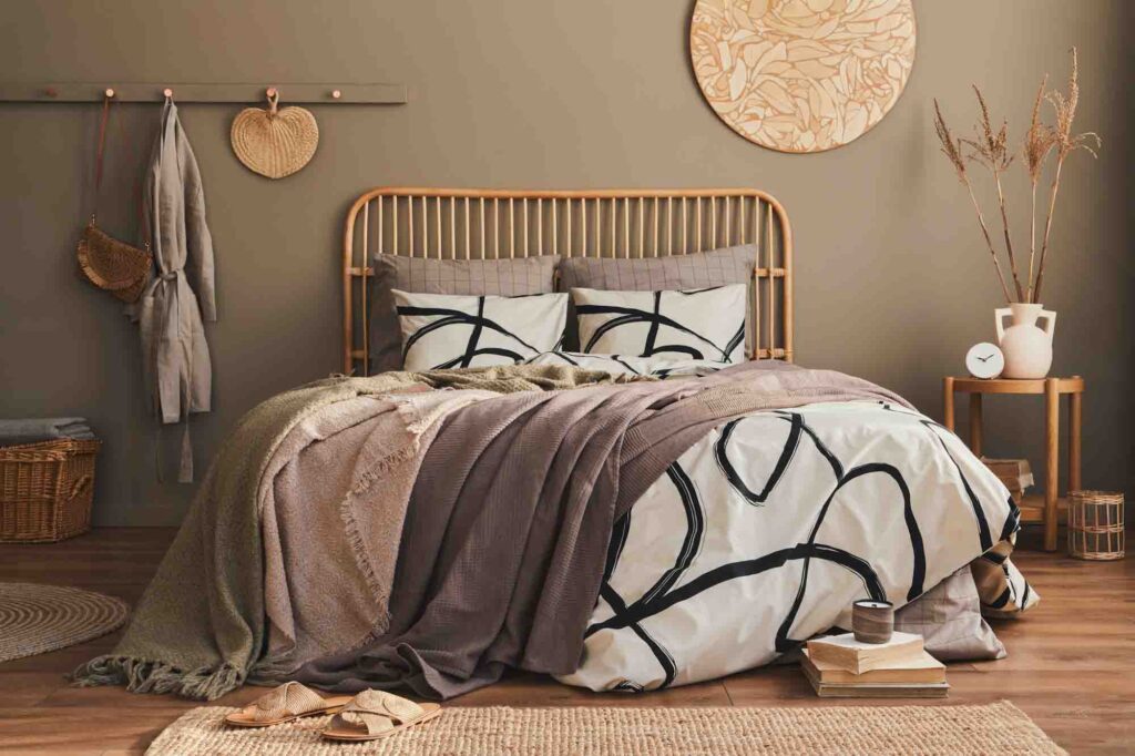 Brown and beige bedroom in stylish neutral tones